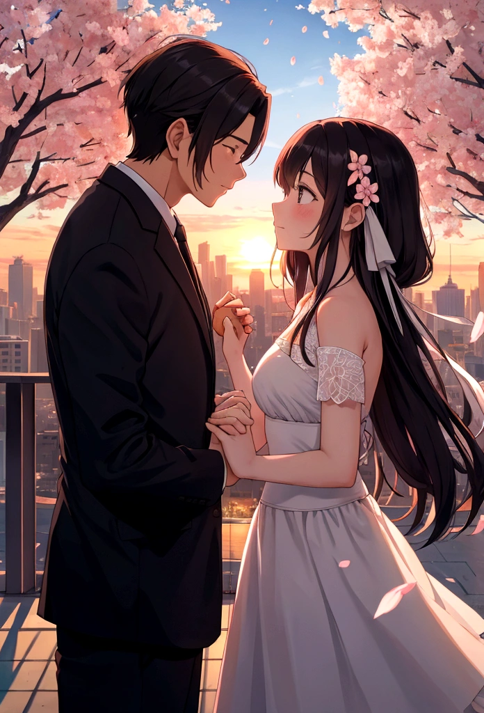 Scene: A couple standing on a hilltop, overlooking a cityscape bathed in the warm hues of a setting sun.
Characters:
 * The woman: Long, flowing hair, gentle expression, holding the man's hand tightly.
 * The man: Short, cropped hair, determined gaze, looking down at the woman with love.
Details:
 * The couple's silhouettes are intertwined, creating a sense of unity and unwavering connection.
 * The fading sunlight casts a soft glow on their faces, accentuating their delicate features.
 * Cherry blossom petals drift gently around them, symbolizing the ephemeral nature of life and love.
 * In the distance, the city skyline blends seamlessly with the vibrant colors of the sunset, representing the vastness of time and the inevitability of change.