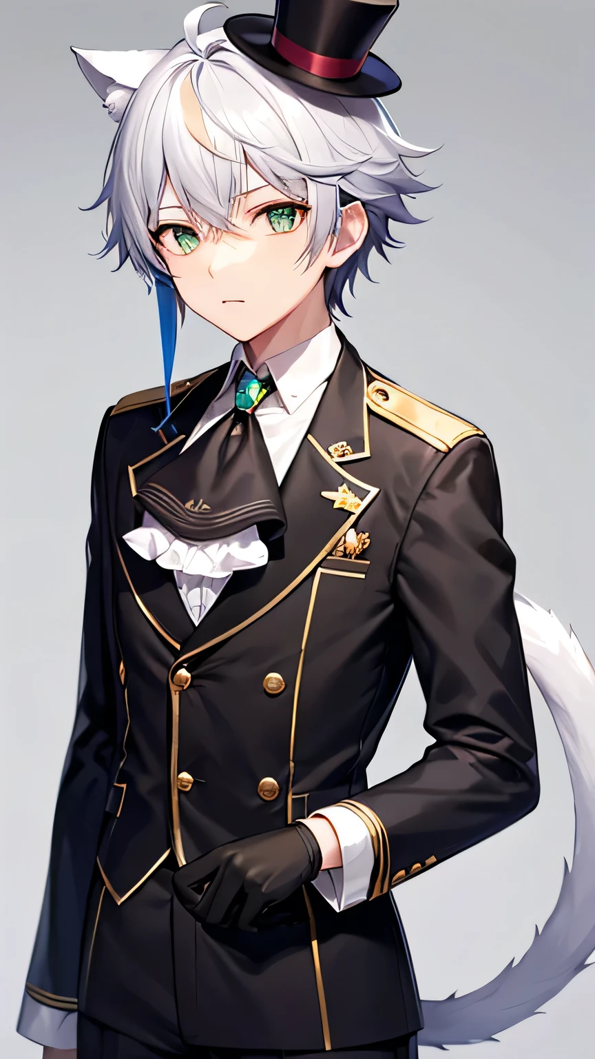 cat boy, cat ear, cat tail, cat eyes, silk hat,
1boy, Emerald green eyes, Silver hair, white hair, streaked hair, gloves, top hat, white gloves, blue headwear, ahoge, black gloves, long sleeves, ascot, jewelry, brooch, black headwear, frills, white hair, streaked hair, gloves, hat, white gloves, blue headwear, ahoge, black gloves, long sleeves, ascot, jewelry, brooch, black headwear, frills, 1boy