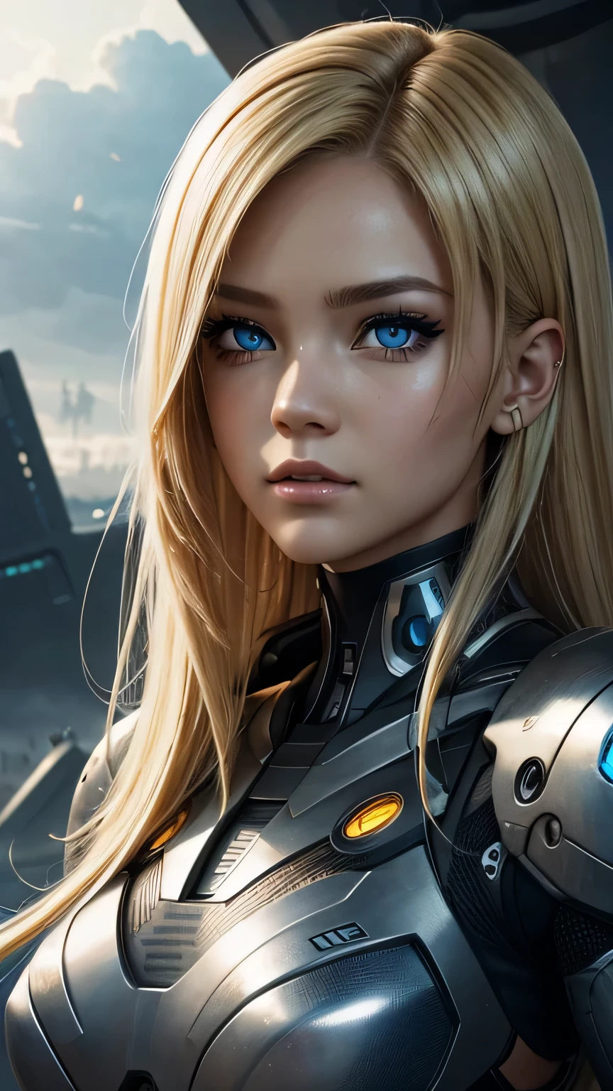 cyborg girl, beautiful eyes, battle field background, blonde hair, masterpiece, ultra high details