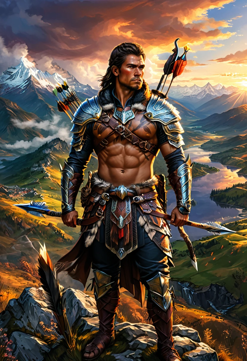 (Archer, bow and arrow), dressed in animal skins, stands on the highlands of the tribe, guarding the safety of his people. The bow and arrow in his hand is his most trusted companion, with a spectacular sunset and distant mountains behind him, showing his love for and land, full body, (Photography), panoramic view, award-winning, cinematic still, emotional, vignette, dynamic, vivid, (masterpiece, best quality, Professional, perfect composition, very aesthetic, absurdres, ultra-detailed, intricate details:1.3)