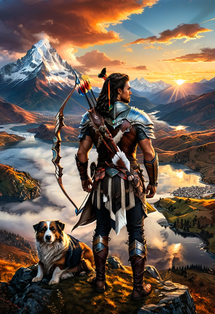 (Archer, bow and arrow), dressed in animal skins, stands on the highlands of the tribe, guarding the safety of his people. The bow and arrow in his hand is his most trusted companion, with a spectacular sunset and distant mountains behind him, showing his love for and land, full body, (Photography), panoramic view, award-winning, cinematic still, emotional, vignette, dynamic, vivid, (masterpiece, best quality, Professional, perfect composition, very aesthetic, absurdres, ultra-detailed, intricate details:1.3)