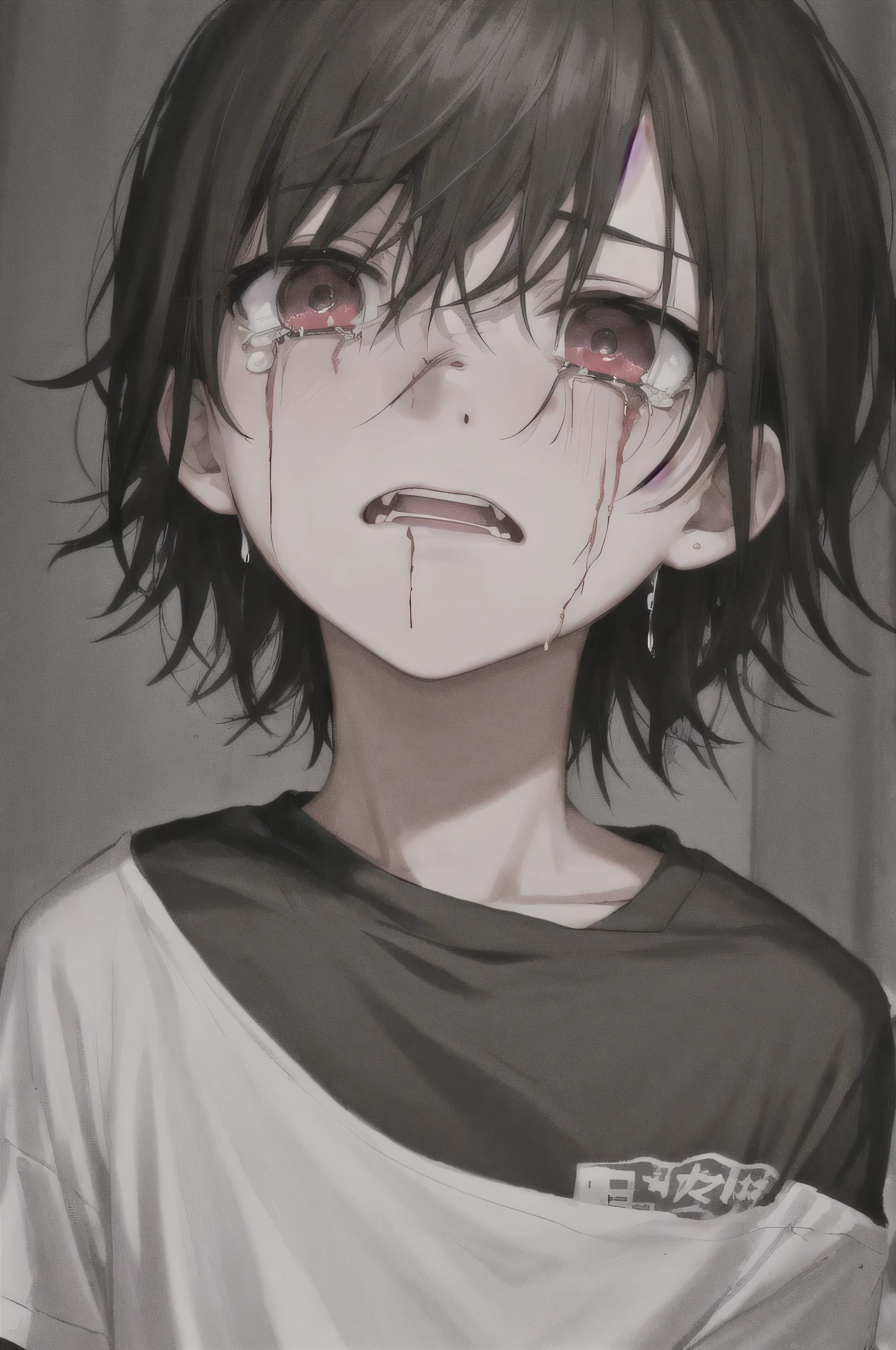 1boy, crying blood, dark room, scared face, face in the spotlight, short black t-shirt, hair parted in the middle, scratches on cheek and lip.