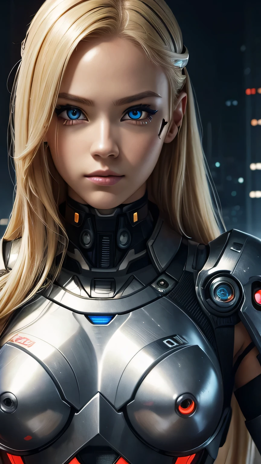 cyborg girl, beautiful eyes, battle field background, blonde hair, masterpiece, ultra high details