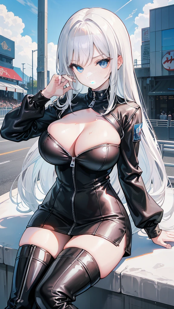 beautiful girl，(Racing girl)，Leather jumpsuit，(黑色Leather jumpsuit)，Leather Clothes，White long hair，(White hair)，(Bangs)，Zipper open，(Leather jacket zipped up)，((Cleavage))，Open your heart，(Shy expression)，Sit on a race car，Blue sky and white clouds，(Big Tits)，((Super big breasts))，Leg ring，((miniskirt))，((Over the knee boots))，((Metal Armor))，armor，((雕刻花纹的armor))