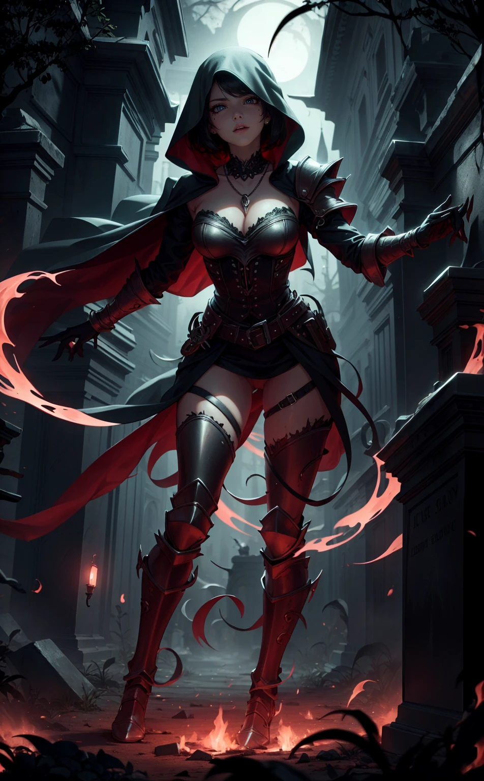 gothic vampire captain, short black hair, neckleace, in sexy armor in the cemetery in the background of a mansion, full body flame lighting, movement pose, veil