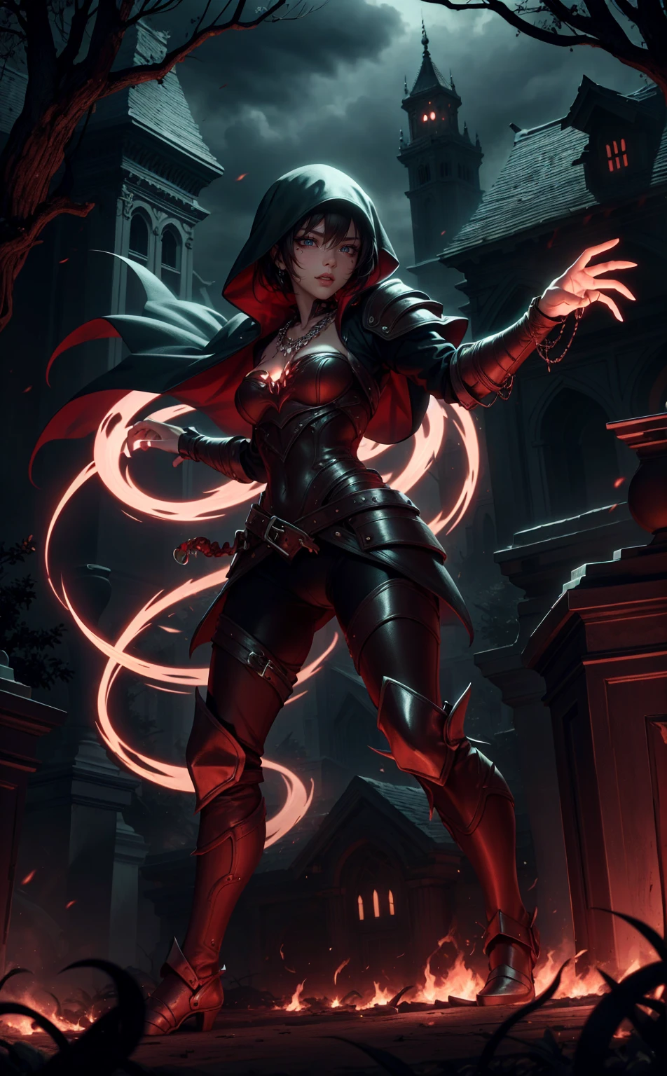 gothic vampire captain, short black hair, neckleace, in sexy armor in the cemetery in the background of a mansion, full body flame lighting, movement pose, veil