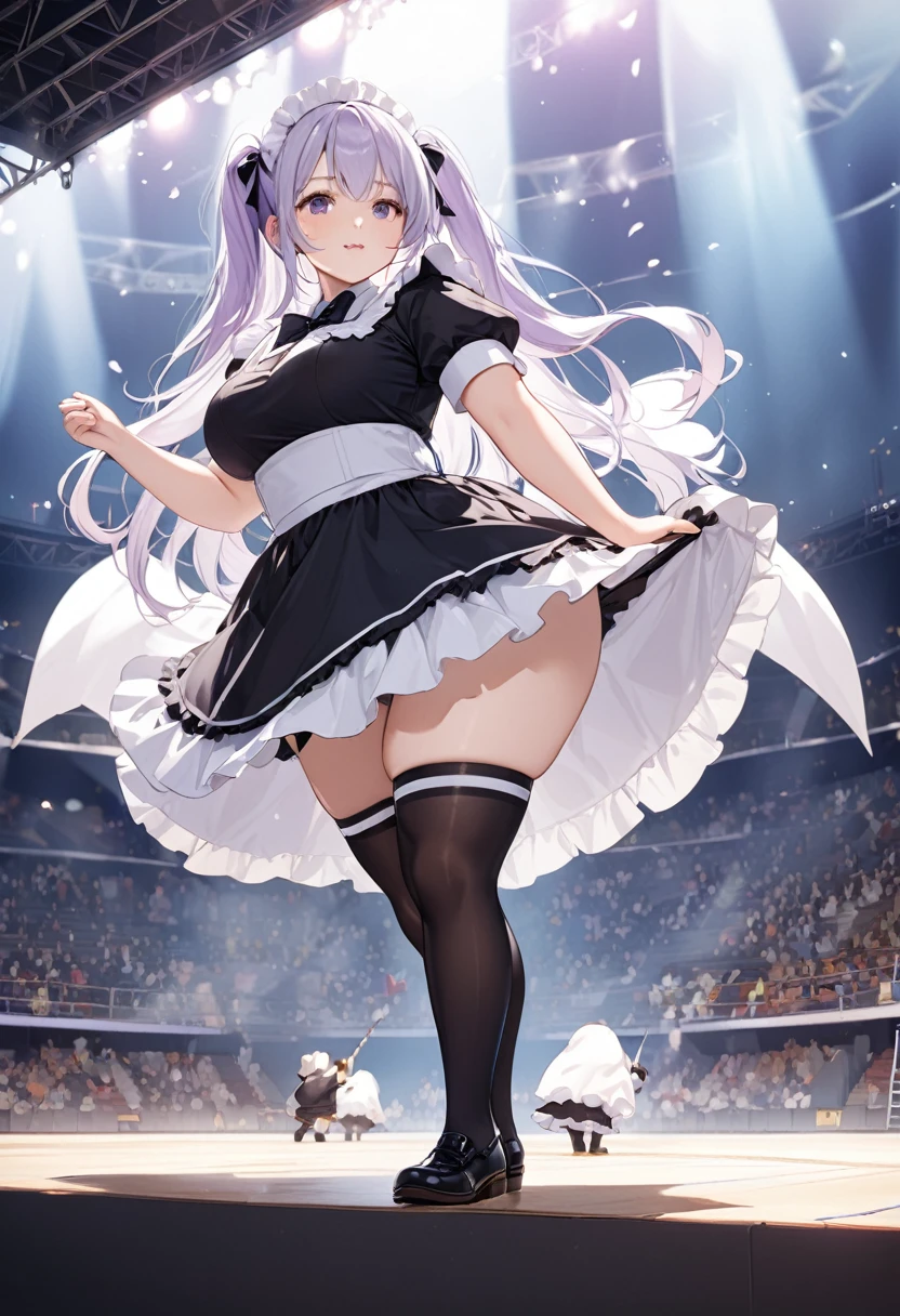 best quality, 1girl, absurdres, arena, woman, maid, curvy, two side up, purple hair, silver hair, fair skin, giant, frilled clothing, maid, thighhighs, young adult, on stage, cute, fantasy, anime