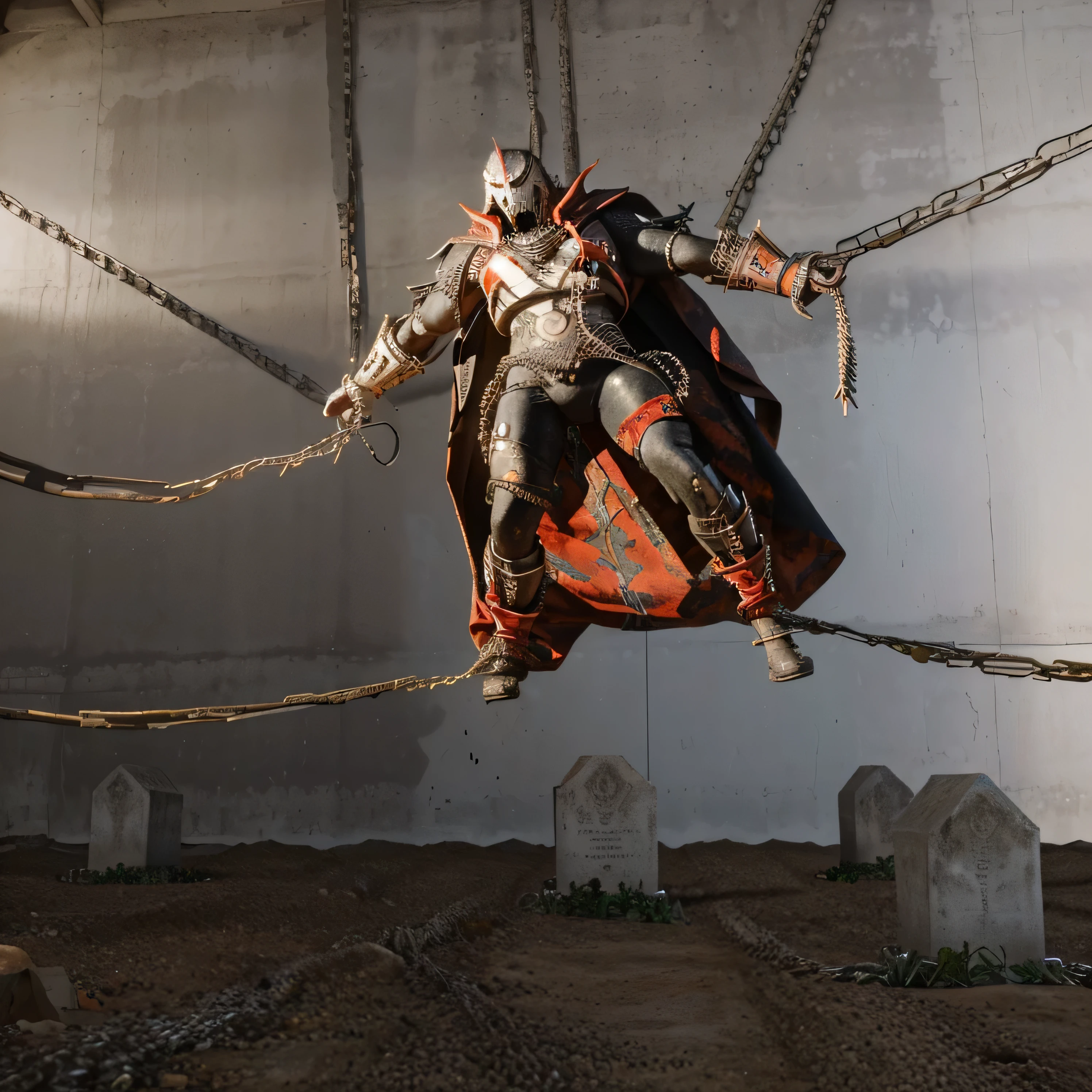 Spawn tied with chains, a floor with earth and chains, dirt floor with tombs.