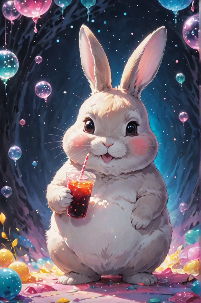 cosmic canvas,flawless, clean, masterpiece, professional artwork, famous artwork, painting of a chubby rabbit, has a liquor bottle in his hand,( bubble tea background),  