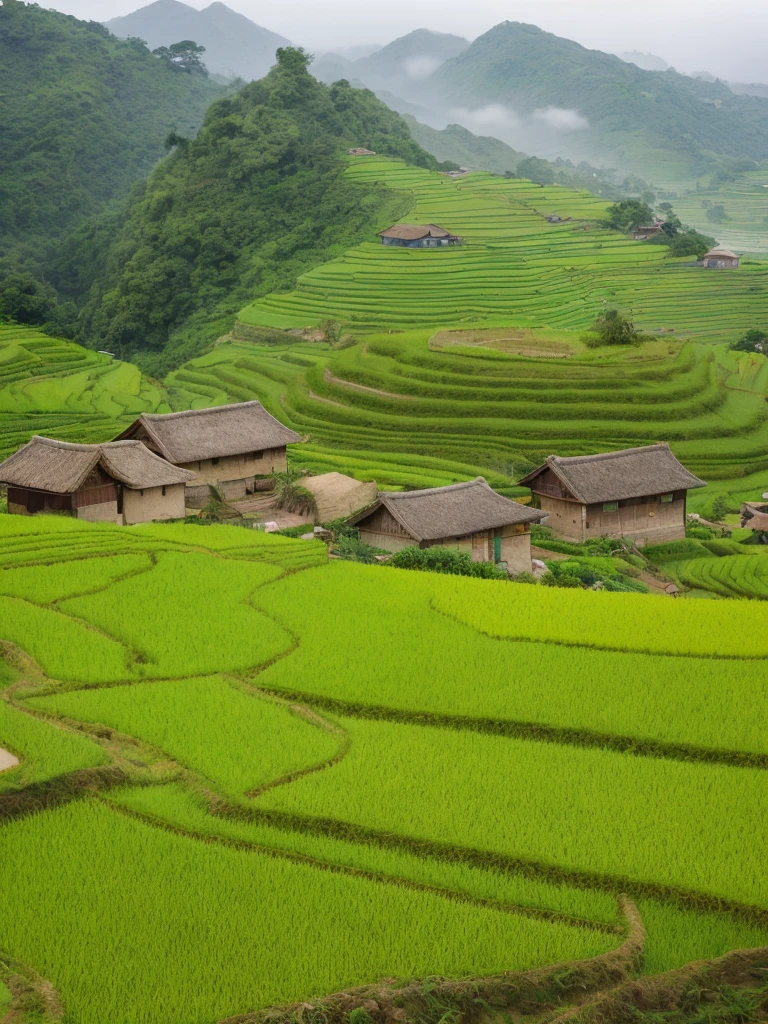Large expanses of terraced fields, mountains, huts, with rice fields, rice fields, neat rice seedlings in the fields, misty rain, villages, agriculture, in the tranquil landscape, misty weather, in the vast tranquil landscape, in the early morning, in the morning mist, behind a small village, mist, Japanese countryside, thatched roofs --v 6