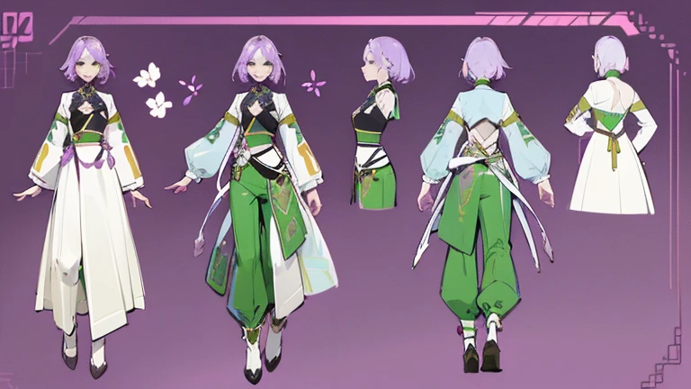 (Masterpiece, best quality), detailed, 1 woman, ((character concept art)), ((character design sheet, same character, front, side, back)), full body, body complete, 1 female, 1 women. Detailed face, character design sheet full body, Highly detailed, character sheet, character design, Many parts, pale skin, green eyes, short purple hair, lavender flower reference, lavender flower character reference, lavender flower inspired, male clothes, flat chest, Solarpunk, Solarpunk reference, Solarpunk based outfit, pants.