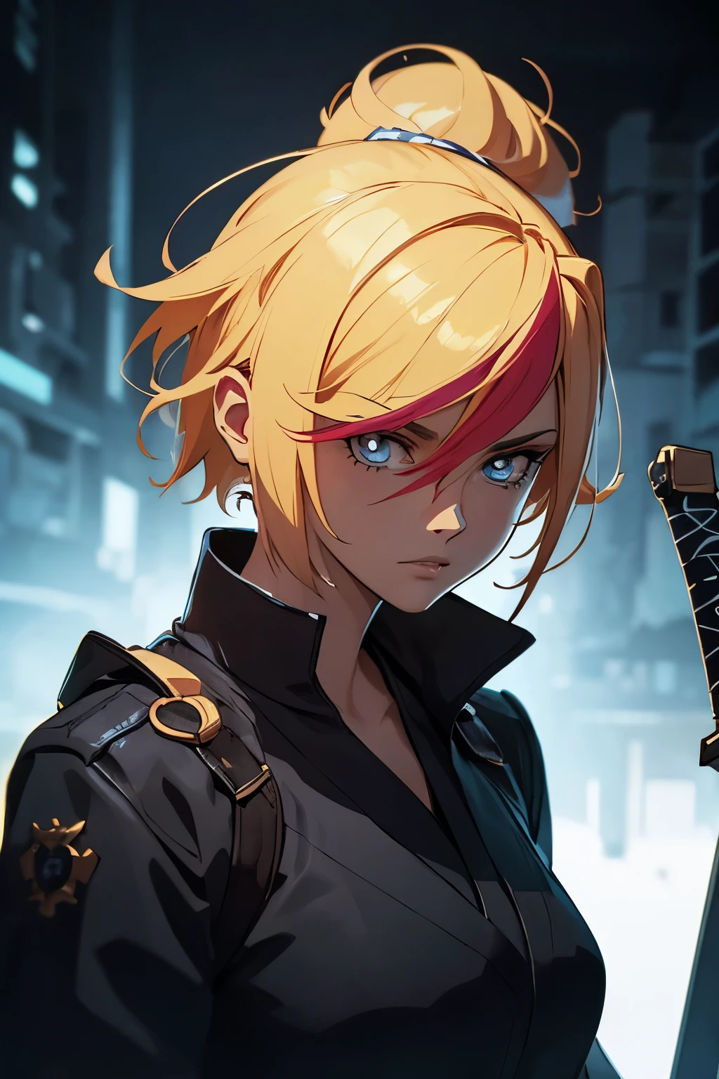 a woman in a black outfit holding a sword, inspired by Kusumi Morikage, inspired by Kanō Hōgai, inspired by Kano Sanraku, inspired by Kawabata Ryūshi, female samurai, Japanese anime style, anime character style, detailed portrait, cinematic lighting, highly detailed, digital painting, masterpiece, intricate details, cinematic composition, award winning digital art, sharp focus, photorealistic, 8k, vibrant colors, dramatic lighting, chiaroscuro, moody atmosphere