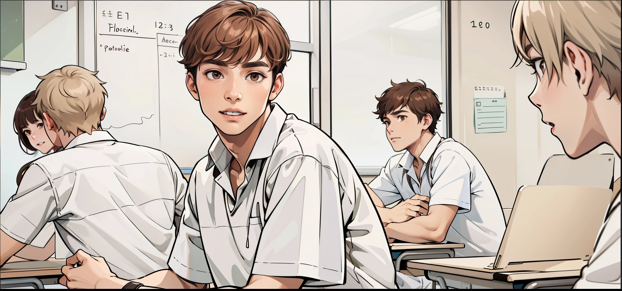 a group of students in the classroom all have brown hair. and brown eyes, his shirt is half brown and half white.