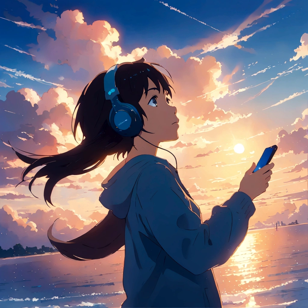 anime girl with headphones looking at her phone on the beach, Lo-fi Girl, Makoto Shinkai Cyril Rolland, makoto shinkai!, ( ( makoto shinkai ) ), makoto shinkai!!, Watching the sunset. anime, In the style of Makoto Shinkai, Makoto Shinkai style, anime style 4 k