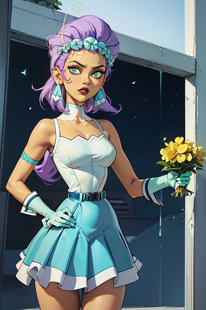 (mejor calidad, Obra maestra), mirando abajo, viento, Partícula, parte superior del cuerpo, 1 girl, ((yellow skin)), black lips, medium hair, loose hair, ((lilac hair)), ((green eyes)), medium breast, (((white and blue clothes))), (long gloves), ((cyan dress)), sleeveless, stockings, belt