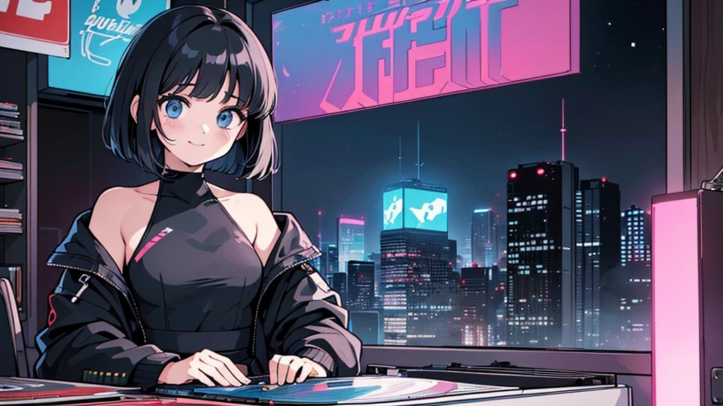 1 girl, solo, blue eyes, (detailed eyes), flat chest, short hair, black hair, upper body, gentle smile on her face, sitting up straight((masterpiece, illustration, best quality) A very detailed beautiful woman, Perfect face,Black Hair, bob cut,Bangs, Gray eyes, T Super detailed, Retro Wave, Cyberpunk, Sad atmosphere, night light through the window, night vibes, Room, 2d, (long shot), Old comics, (A lot of records:1.3), vinyl plastic record shop, (masterpiece, best quality, best quality, Official Art, beautiful and aesthetic: 1.2), Old anime texture, Solitary, Cyberpunk, vinyl plastic, night