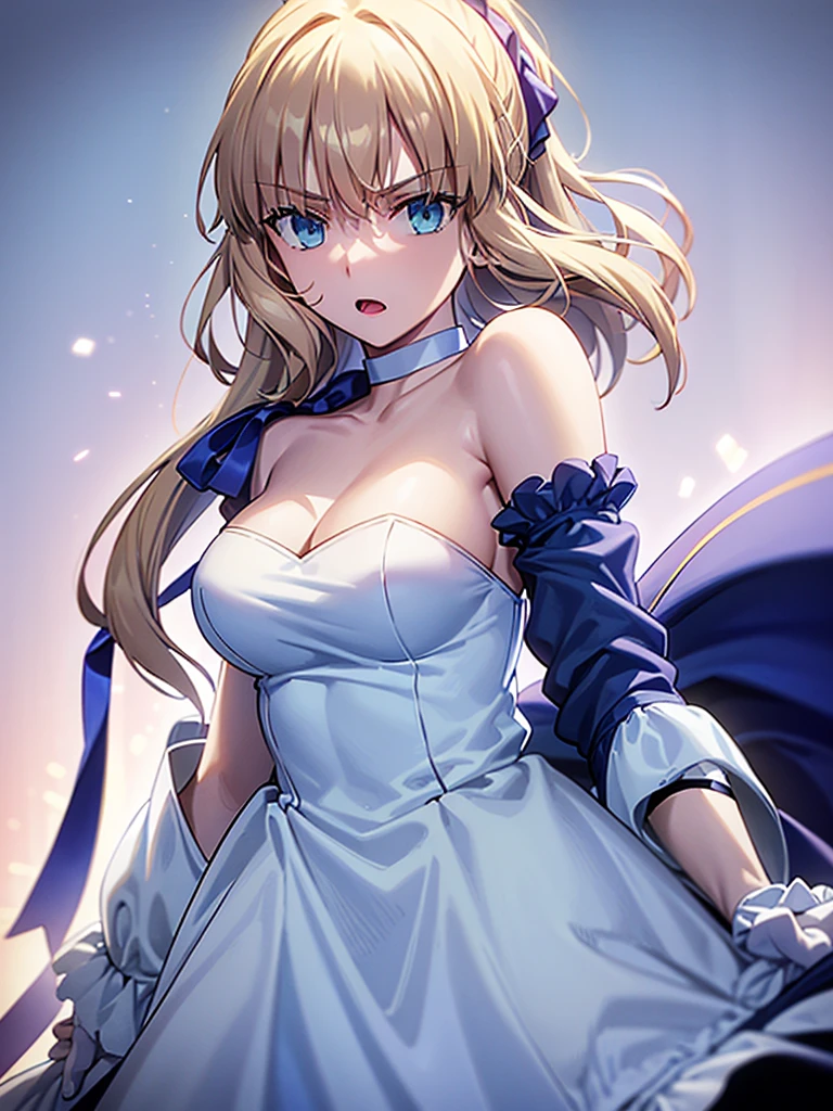 masterpiece,highest quality, One Girl, gloves, Elbow Groove, choker, White dress, chest, clavicle, ponytail, Chest cleavage, Strapless Dress, bow, Exposing shoulders, short hair, Blue choker, Hair bow, Blue Ribbon, big breast, adult 20 years old, full body, head to leg, detailed body, detailed face, mouth closed, elf ears, no weapon, facing viewer.