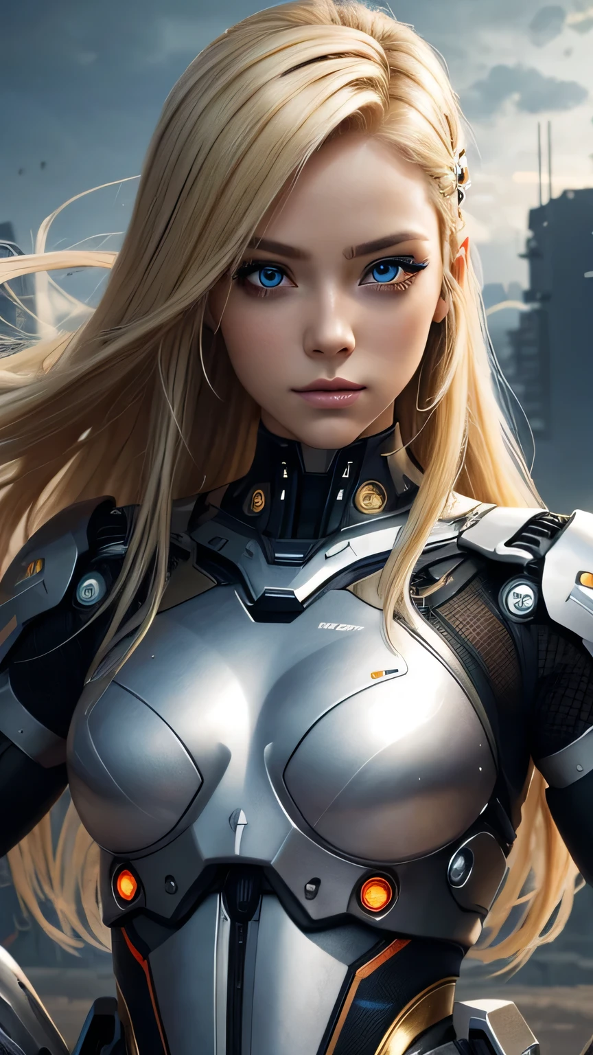 cyborg girl, beautiful eyes, battle field background, blonde hair, masterpiece, ultra high details