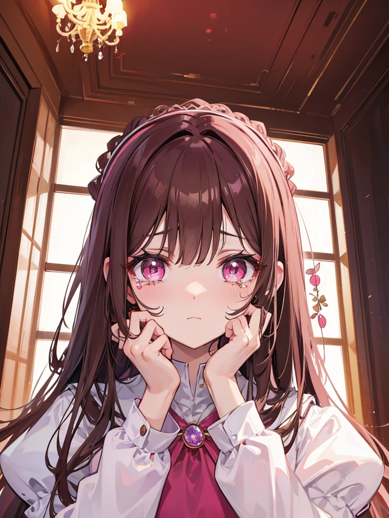 , pink eyes, long curry brown hair, background in mansion. she so shy. crying.