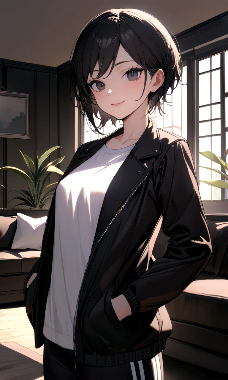 1 girl, tomboy, slim, beautiful, tall, attractive, ((short black hair))((black hair)), ((black eyes)), ((Girl wears: ((white shirt)), ((black jacket)), ((black gym short)))), ((living room)), looking at viewer, smiling warmly, hands in pocket, 8k, masterpiece, ray tracing