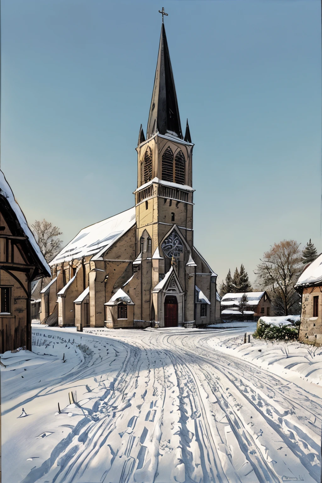 Comic book illustration, Trapped in snow, Big churches, Medieval、The wide road leading to the church、Medium-sized village、A village centered around a church
