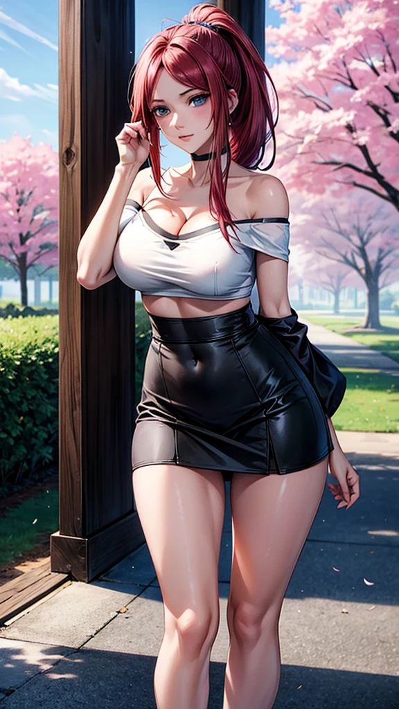 best quality, highres,uzumaki_kushina,Slender、small face、blue eyes、tall、In town、long hair、ponytail,(white short sleeve t-shirt:1.4 BREAK)、(black skirt:1.2)、(beautiful woman:1.5)、25 years old、Mature、midriff peek,(off-the-shoulder:1.3)、(I can see the cleavage:1.3),face on front , standing,cherry trees,full body shot,huge breast, cleavage,navel,bellybutton,ass,butt hole, transparent