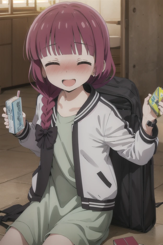 (masterpiece), best quality, indoor, upper body, sitting, drinking alcohol,
, indoor, nose blush, closed eyes, drunk, alcohol, blush, facing viewer, green dress, single braid, dress, two-tone jacket, holding, multicolored jacket, medium dress, smile, 1girl, jacket, open clothes, open jacket, sake, multicolored clothes, chibi, juice box, blunt bangs, :d, bass guitar, white jacket, black jacket, black bow, holding bottle, long sleeves, y, bottle
hiroi kikuri,long hair, hair over shoulder ,single braid