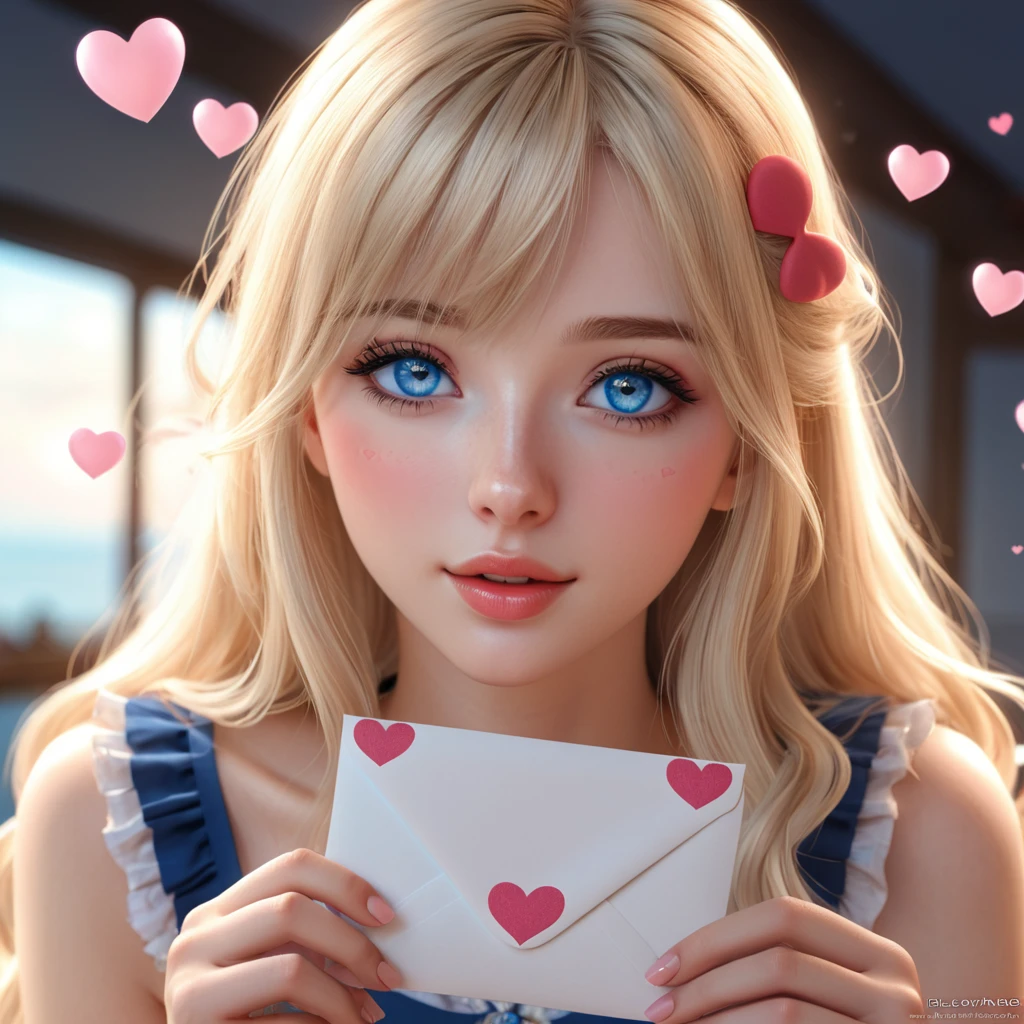 a very pretty girl in love ,Love Letter ,hearts ,blush ,Very detailed face ,pretty blue eyes ,long blonde hair,ultra realistic anime style, HDR, 12 k