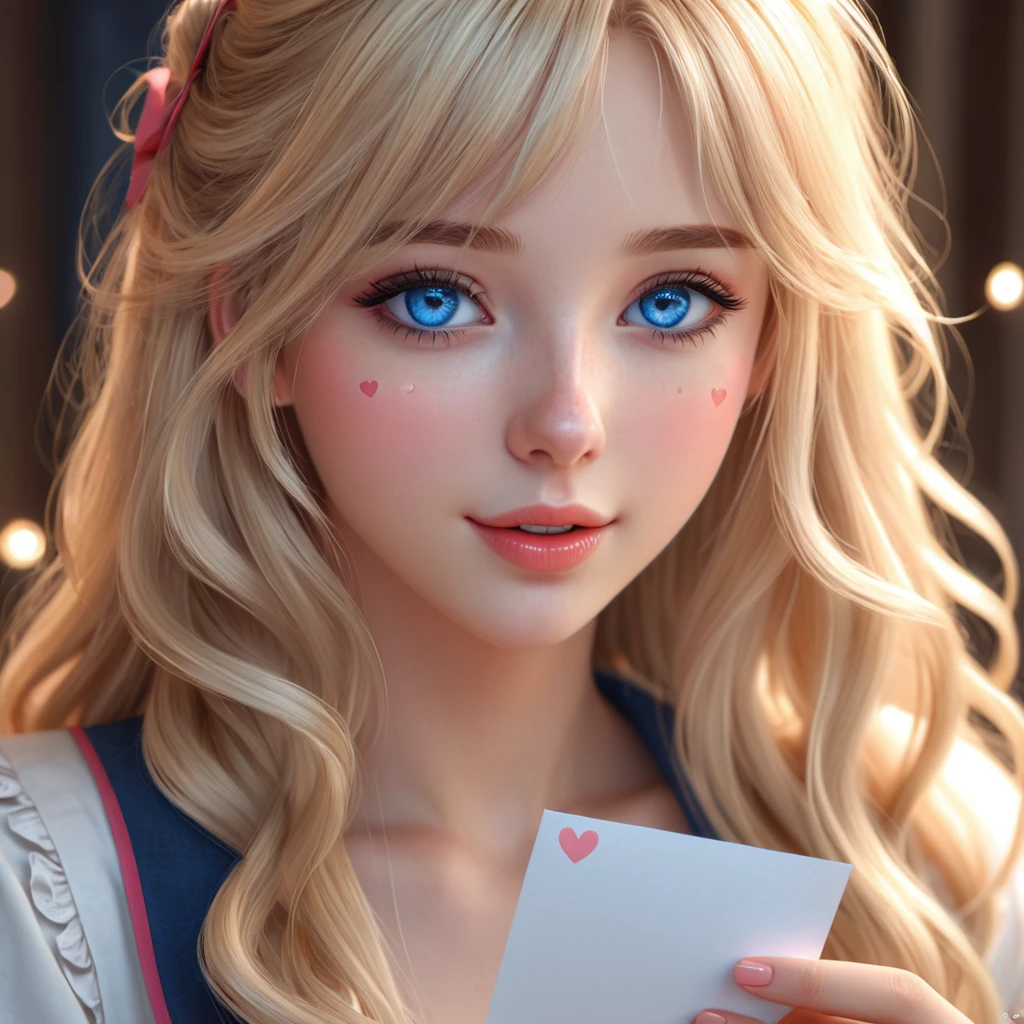 a very pretty girl in love ,Love Letter ,hearts ,blush ,Very detailed face ,pretty blue eyes ,long blonde hair,ultra realistic anime style, HDR, 12 k 