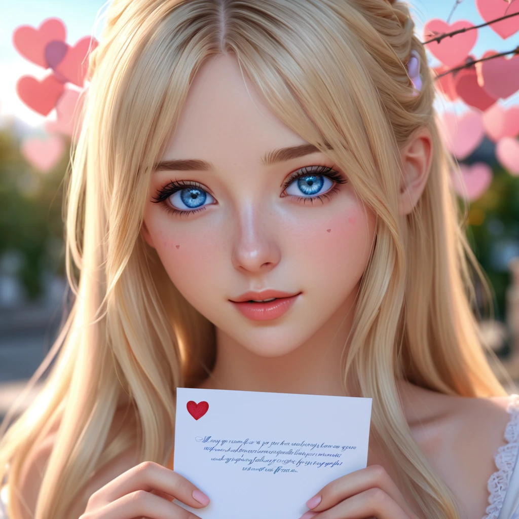 a very pretty girl in love ,Love Letter ,hearts ,blush ,Very detailed face ,pretty blue eyes ,long blonde hair,ultra realistic anime style, HDR, 12 k 