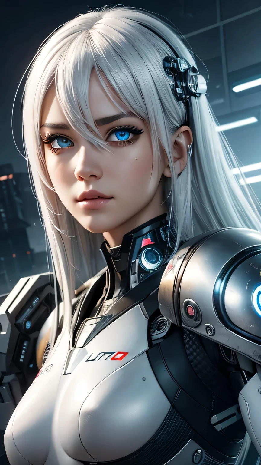cyborg girl, beautiful eyes, battle field background, white hair, masterpiece, ultra high details