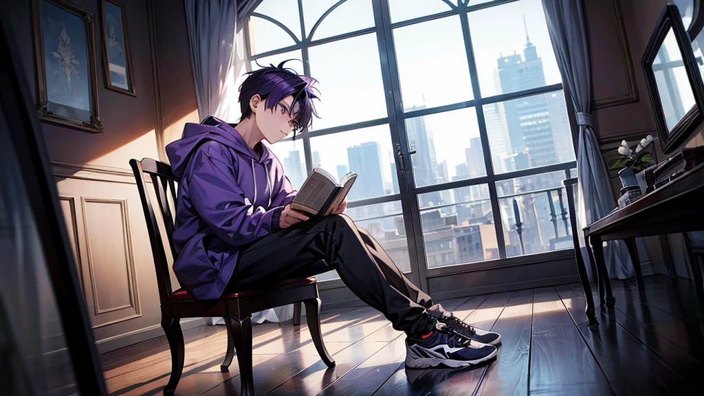 1boy, reading a book, holding a a cup of tea, wearing hoodie, sitting cross your leg, behind you there is a window, wear black sport shoes, purple hair, fullbody, look at you, body facing forward, single chair, the window will have a crack as well to fit the damaged wall of the house,