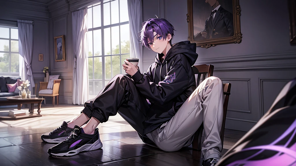  1boy, reading a book, holding a a cup of tea, wearing hoodie, sitting cross your leg, behind you there is a window, wear black sport shoes, purple hair, fullbody, look at you, body facing forward, single chair, the window will have a crack as well to fit the damaged wall of the house,