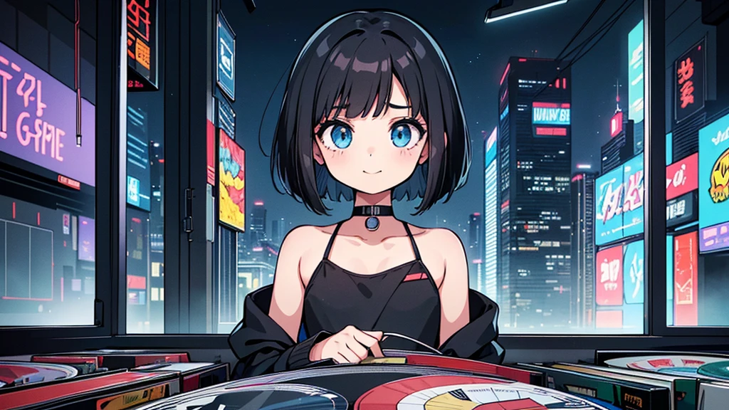 1 girl, solo, blue eyes, (detailed eyes), flat chest, short hair, black hair, upper body, gentle smile on her face, sitting up straight((masterpiece, illustration, best quality) A very detailed beautiful woman, Perfect face,Black Hair, bob cut,Bangs, Gray eyes, T Super detailed, Retro Wave, Cyberpunk, Sad atmosphere, night light through the window, night vibes, Room, 2d, (long shot), Old comics, (A lot of records:1.3), vinyl plastic record shop, (masterpiece, best quality, best quality, Official Art, beautiful and aesthetic: 1.2), Old anime texture, Solitary, Cyberpunk, vinyl plastic, night
