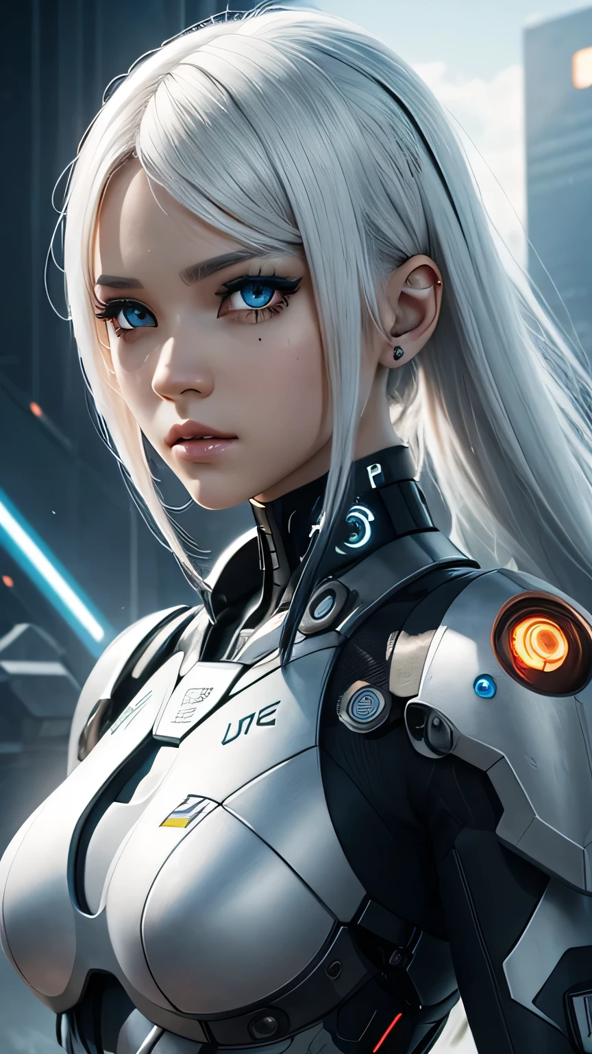 cyborg girl, beautiful eyes, battle field background, white hair, masterpiece, ultra high details