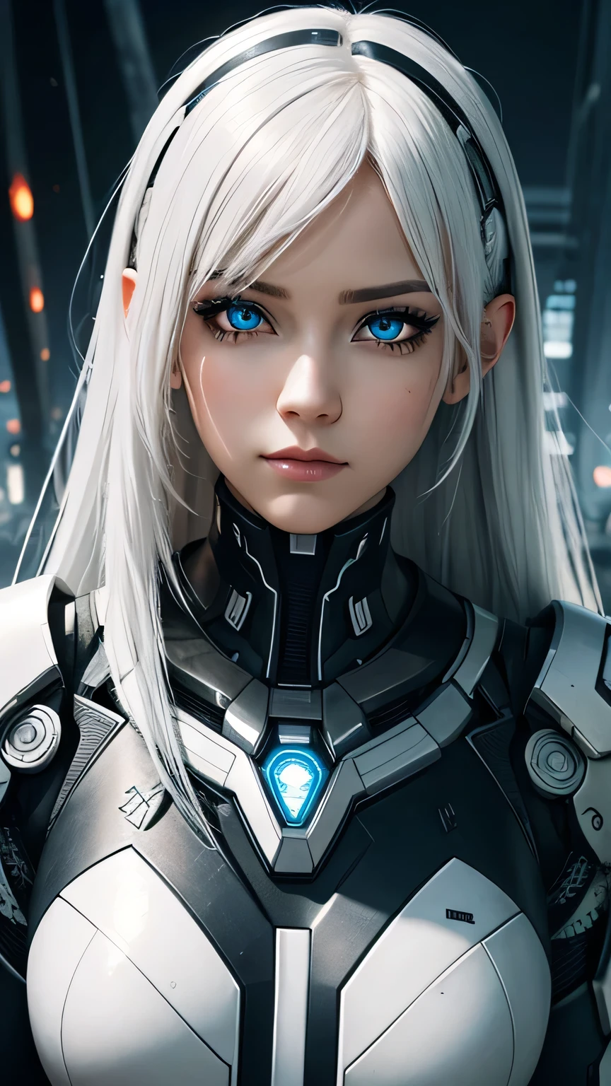 cyborg girl, beautiful eyes, battle field background, white hair, masterpiece, ultra high details