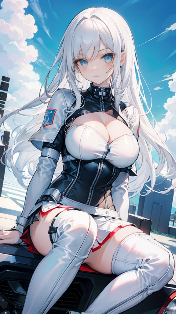 beautiful girl，White long hair，(White hair)，(Bangs)，Zipper open，(Leather jacket zipped up)，((Cleavage))，Open your heart，(Shy expression)，Sit on a race car，Blue sky and white clouds，(Big Tits)，((Super big breasts))，Leg ring，((miniskirt))，((Over the knee boots))，((Metal Armor))，armor，((雕刻花纹的armor))