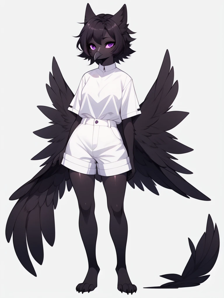By fumiko, by hyattlen, by claweddrip, flat colors, an Anthropomorphic avian crow girl, female, small grey beak, tall and slender, small crow tail, black body, standing, white background, purple eyes, hands with five fingers, wearing white shirt, white short shorts, full body shot, 4 toes