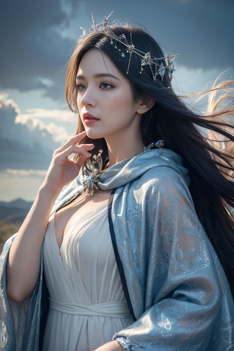 goddess, pattern cloak, patterned chiffon robe,(phoenix pattern),windy,wet_clothes,wet hair,white background, Dreamy clouds, spit a blue pentagram light, crystal and silver entanglement highly detailed, extremely detailed, photorealistic, high detail, wallpaper award, winning hyper realistic, ultra detailed, high definition, crisp quality, Ultra realistic. RAW photo, high quality, detail, virtual photographer, photo mode, elegant, high detail, digital painting, concept art, HDR, CGI, by Jeremy Lipking, by Katsuhiro Otomo, by Raymond Swanland, by Antonio Manzanedo