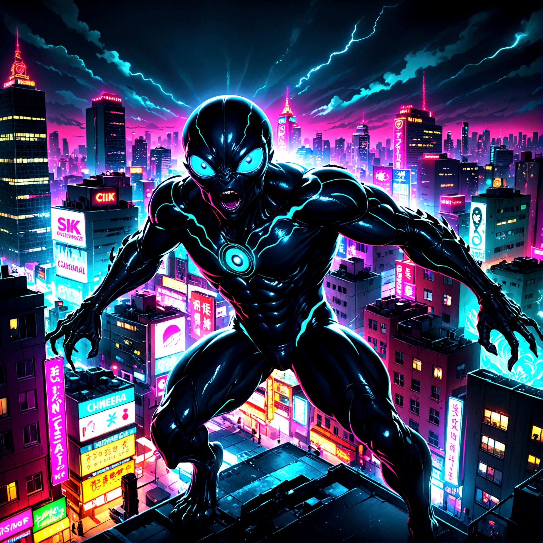 a giant alien monster attacking a city at night, highly detailed, ultra-realistic, 8k, cinematic lighting, dramatic angles, glowing alien eyes, destructive city landscape, neon city lights, dark moody atmosphere, cinematic camera angles