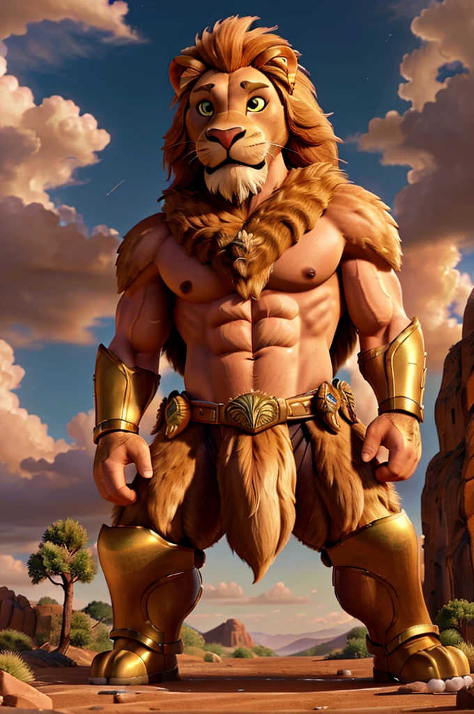 a giant muscular lion, detailed golden armor, clouds background, realistic, hyper detailed, highly detailed, 8k, 4k, photorealistic, cinematic lighting, dramatic lighting, epic fantasy, fantasy art, digital art, realistic fur, intricate details, striking pose, dramatic composition, beautiful colors, warm tones, vibrant colors