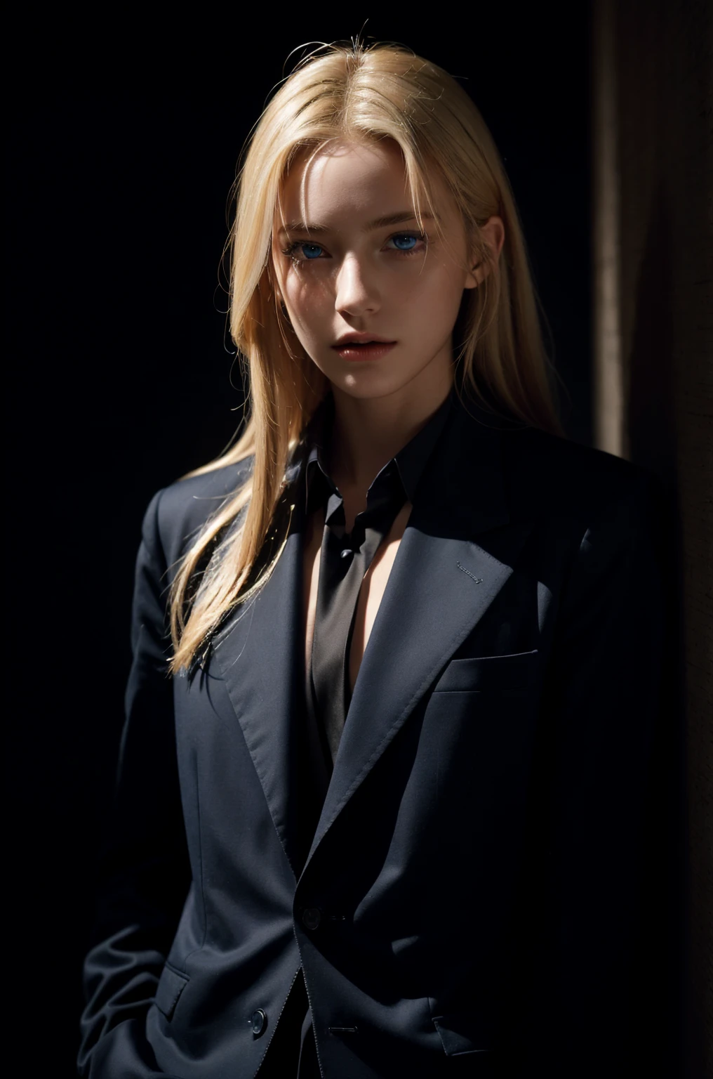 Best quality, masterpiece, ultra high res, (photorealistic:1.4), raw photo, 1girl, blonde hair, blue eyes, detailed eyes and face, black suit, dynamic lighting, in the dark, deep shadow, low key, cowboy shot full-lenght body