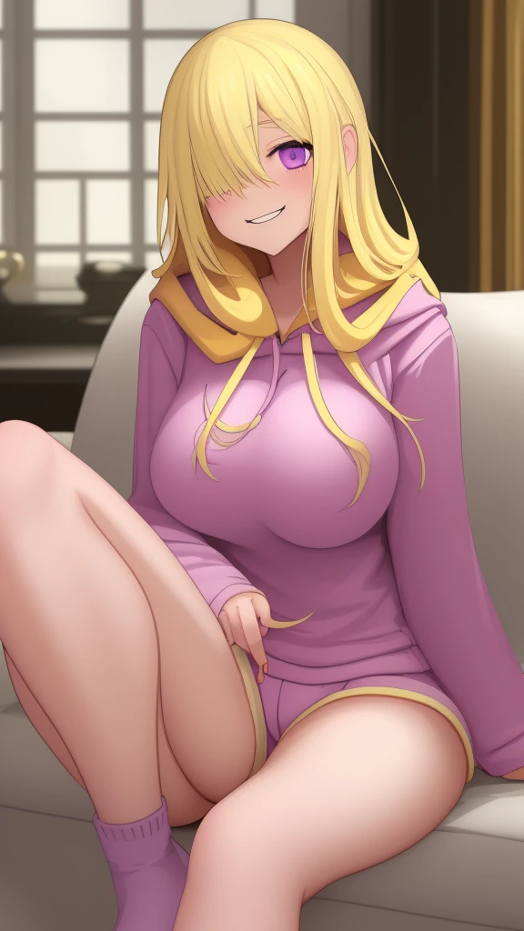 ((Best Quality)), ((Masterpiece)), (detailed), 1 girl, pajamas, pink hooded sweater, White socks, Pastel yellow hair, long hair, hair covers one eye, purple eyes, tight black shorts, big breasts, big thighs, expression smiling shy, background in a living room sitting on a sofa