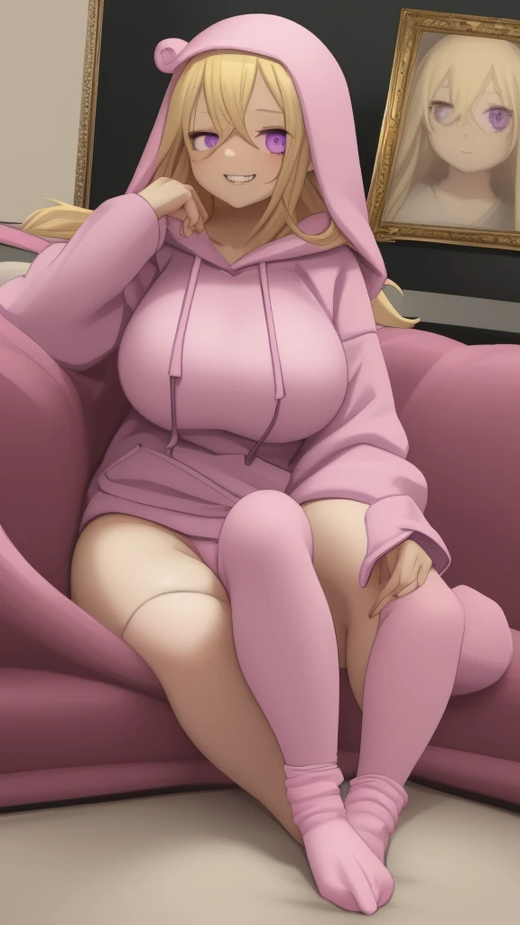 ((Best Quality)), ((Masterpiece)), (detailed), 1 girl, pajamas, pink hooded sweater, White socks, Pastel yellow hair, long hair, hair covers one eye, purple eyes, tight black shorts, big breasts, big thighs, expression smiling shy, background in a living room sitting on a sofa