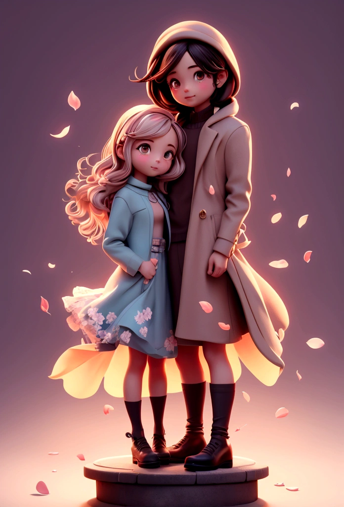 Scene: A couple standing on a hilltop, overlooking a cityscape bathed in the warm hues of a setting sun.
Characters:
* The woman: Long, flowing hair, gentle expression, holding the man's hand tightly.
* The man: Short, cropped hair, determined gaze, looking down at the woman with love.
Details:
* The couple's silhouettes are intertwined, creating a sense of unity and unwavering connection.
* The fading sunlight casts a soft glow on their faces, accentuating their delicate features.
* Cherry blossom petals drift gently around them, symbolizing the ephemeral nature of life and love.
* In the distance, the city skyline blends seamlessly with the vibrant colors of the sunset, representing the vastness of time and the inevitability of change.