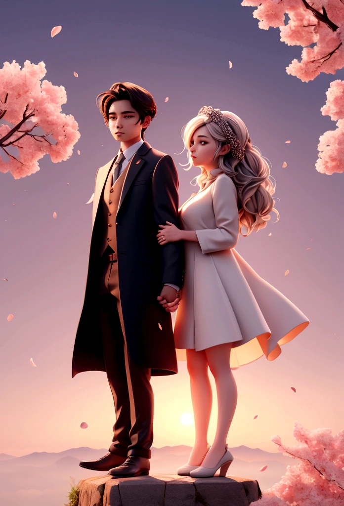 Scene: A couple standing on a hilltop, overlooking a cityscape bathed in the warm hues of a setting sun.
Characters:
* The woman: Long, flowing hair, gentle expression, holding the man's hand tightly.
* The man: Short, cropped hair, determined gaze, looking down at the woman with love.
Details:
* The couple's silhouettes are intertwined, creating a sense of unity and unwavering connection.
* The fading sunlight casts a soft glow on their faces, accentuating their delicate features.
* Cherry blossom petals drift gently around them, symbolizing the ephemeral nature of life and love.
* In the distance, the city skyline blends seamlessly with the vibrant colors of the sunset, representing the vastness of time and the inevitability of change.