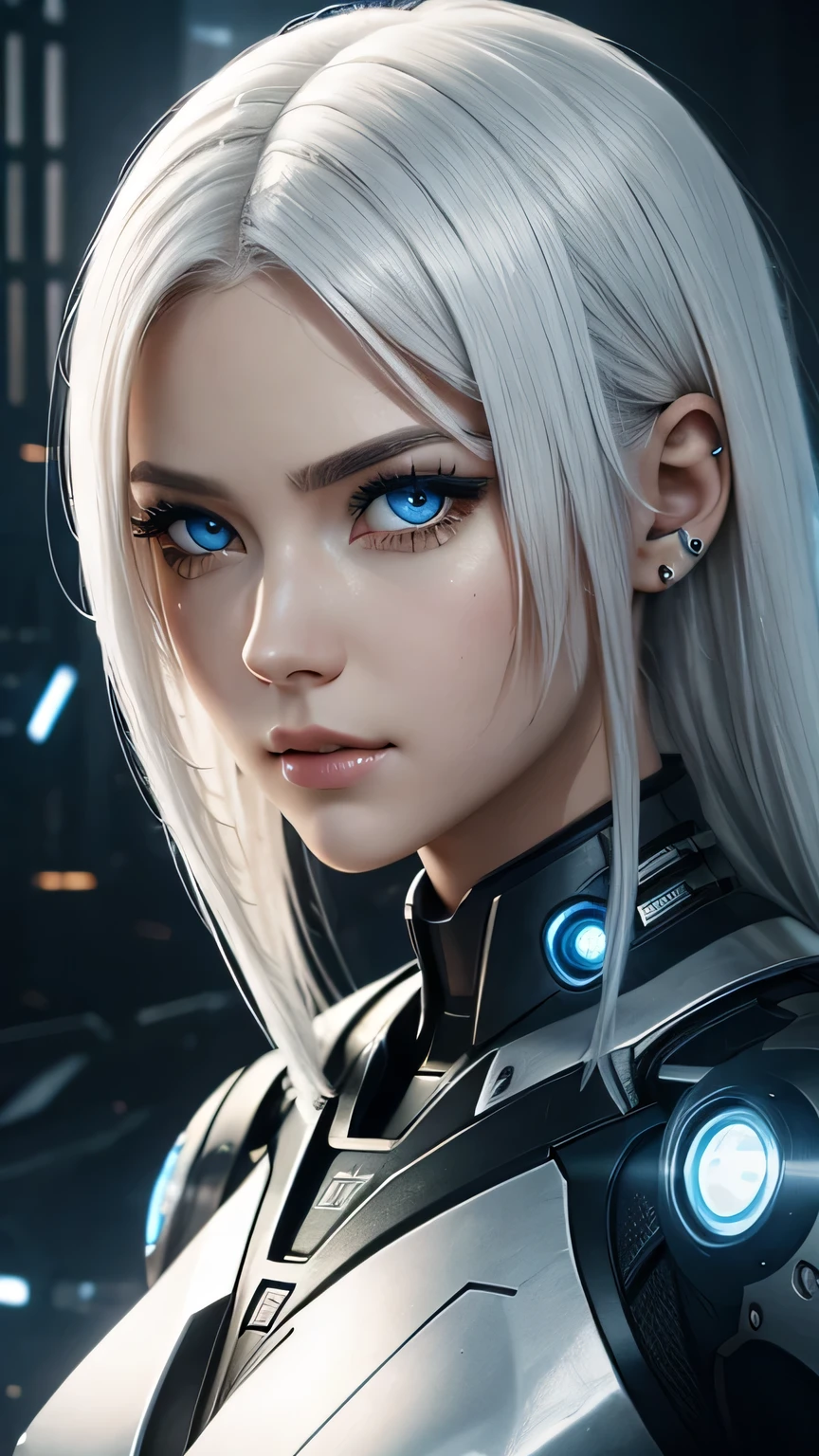 cyborg girl, beautiful eyes, battle field background, white hair, masterpiece, ultra high details