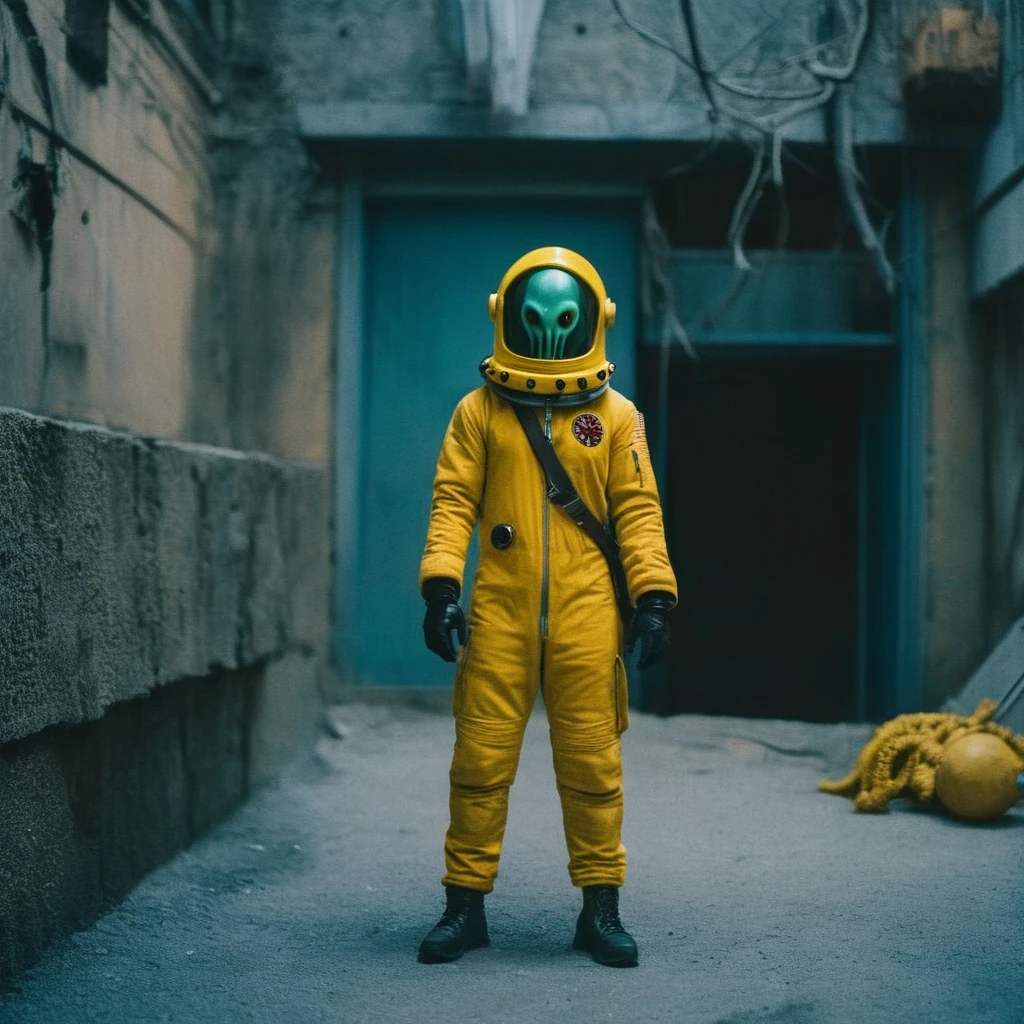 Horror-themed,  In an ancient and mysterious city a person wearing a yellow helmet with yellow spikes on it carcosa city style, Don Bluth Style ASTRONAUT Cthulhu yellow Toon Doll, full body RAW candid cinema, cyan hair, 16mm, color graded portra 400 film, Eerie, unsettling, dark, spooky, suspenseful, grim, highly detailed