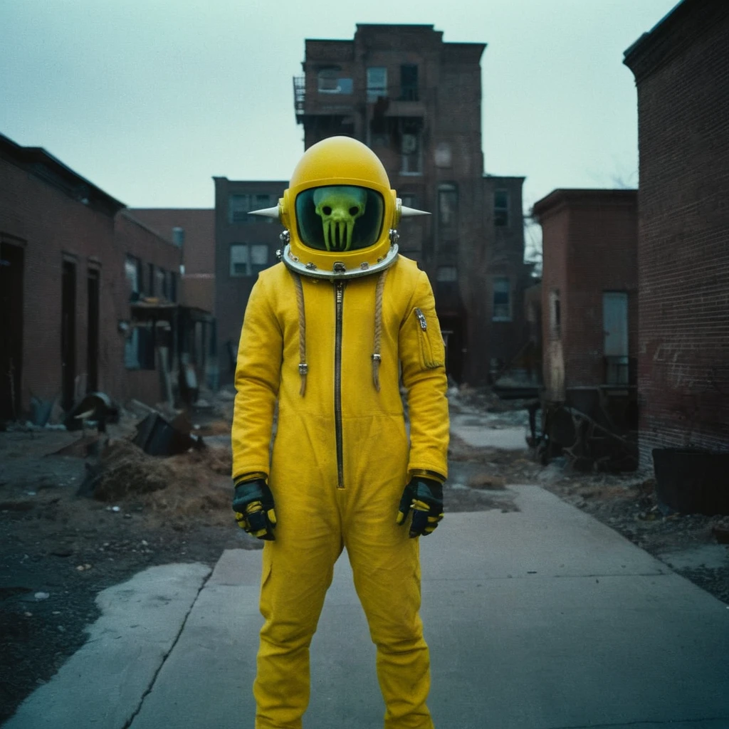 Horror-themed, In an ancient and mysterious city a person wearing a yellow helmet with yellow spikes on it carcosa city style, Don Bluth Style ASTRONAUT Cthulhu yellow Toon Doll, full body RAW candid cinema, cyan hair, 16mm, color graded portra 400 film, Eerie, unsettling, dark, spooky, suspenseful, grim, highly detailed