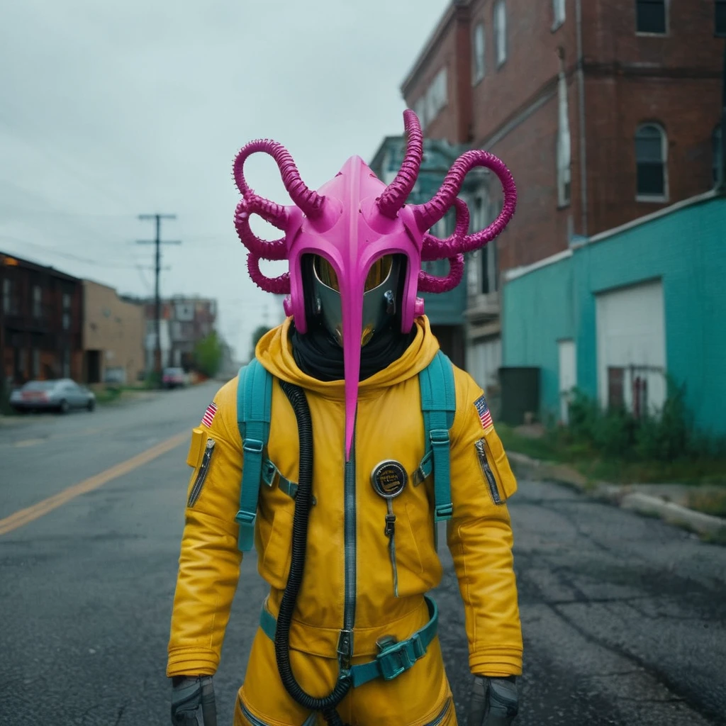 Horror-themed, In an ancient and mysterious city a person wearing a yellow helmet with pink dark spikes on it carcosa city style, Don Bluth Style ASTRONAUT Cthulhu yellow Toon Doll, full body RAW candid cinema, cyan hair, 16mm, color graded portra 400 film, Eerie, unsettling, dark, spooky, suspenseful, grim, highly detailed, titanium decorative headdress, cinematic, trending on artstation | Isometric | Centered